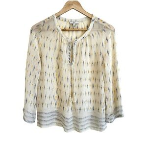 Joie Silk Flared Sleeve Peasant Blouse Ivory Yellow Blue Womens Size XS Boho